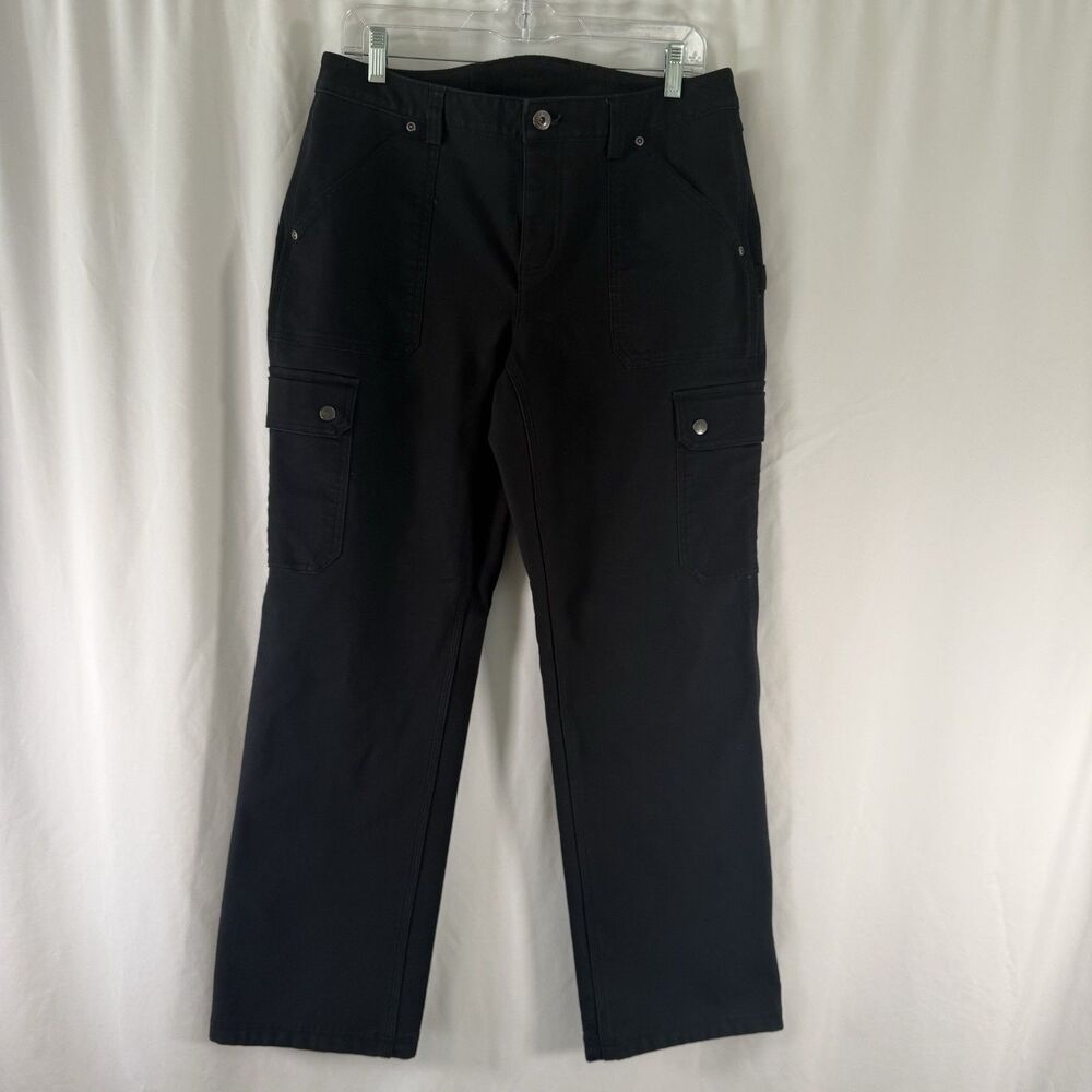 Duluth Fleece Lined Pants Women's 10x31 Black Canvas Cargo Button Zip Mid Rise